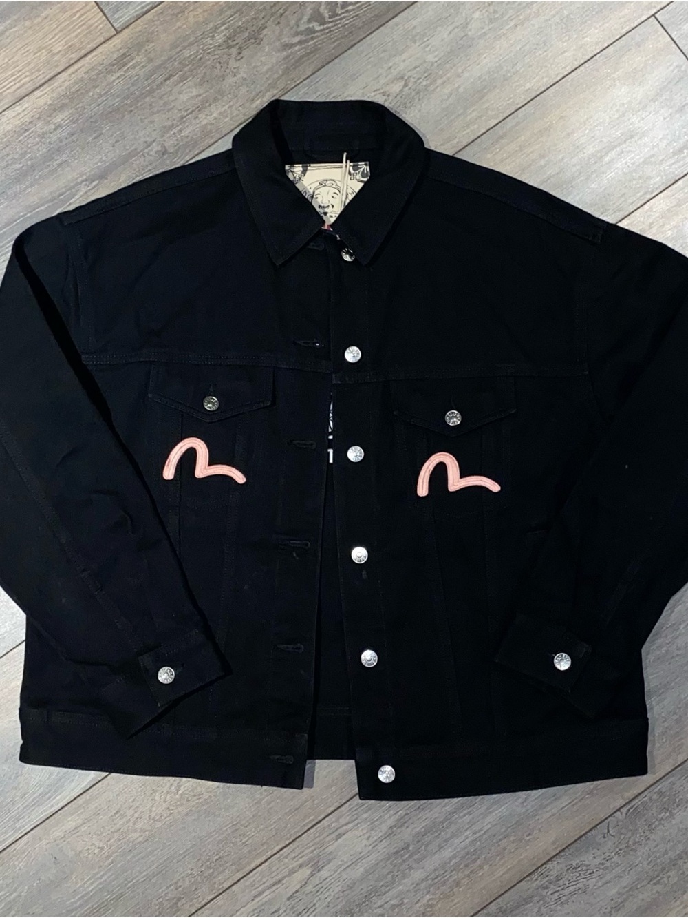 Evisu Black Denim Jacket with Pink Embroidered Seagulls